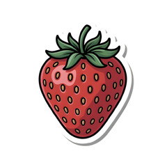 Obraz premium Cartoon Strawberry with Glossy Red Skin, Golden Seeds, and Green Leaves in Sticker Style