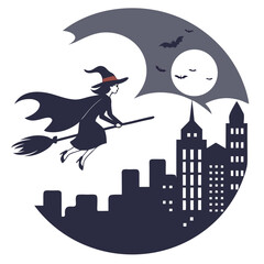 Silhouette of a witch flying on a broomstick over a city skyline with bats and a moon in the background