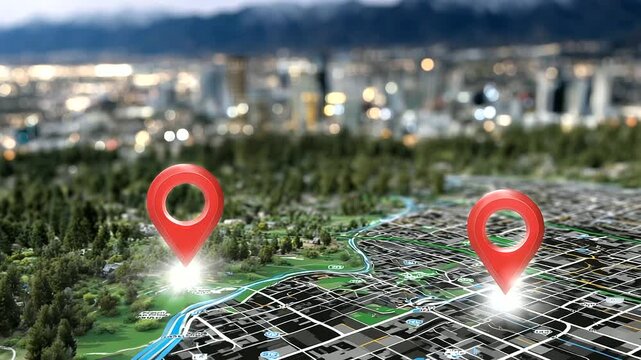 Digital city map with grid streets and green parks, highlighted by two glowing red pins representing real estate locations, with additional icons for nearby amenities and route opt