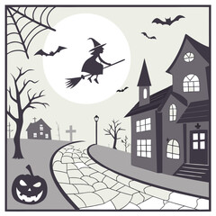 A spooky halloween scene featuring a witch flying on a broomstick over a haunted house with bats and pumpkin