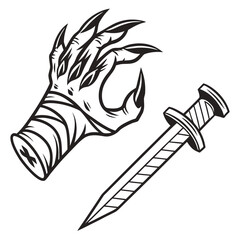Illustration of a monster hand with sharp claws and a wrapped arm next to a dagger with a detailed hilt