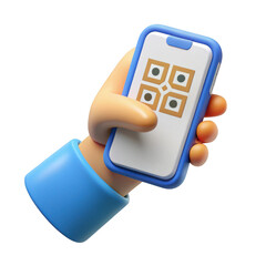 Cartoon hand holding smartphone displaying a qr code isolated on transparent background