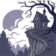 Illustration of a spooky house on a cliff with a bare tree and a moon in the background in grayscale