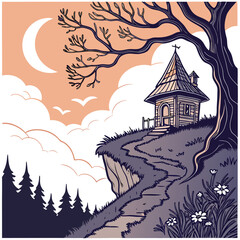 Illustration of a quaint house on a cliffside under a moonlit sky with a gnarled tree overhead