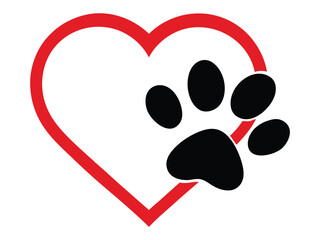 Minimalistic vector black paw print overlapping with a red heart outline illustration © Abu sayam