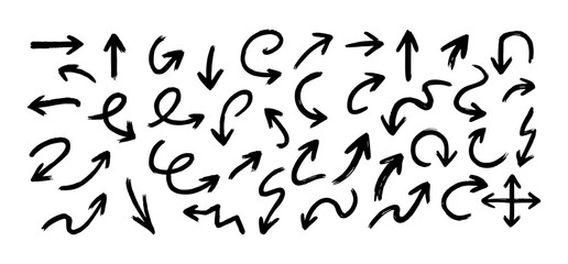 Collection of hand drawn artistic black arrows set
