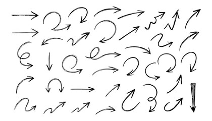 Collection of hand drawn sketchy style black arrows