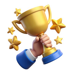 Cartoon hand holding a golden trophy surrounded by stars isolated on transparent background