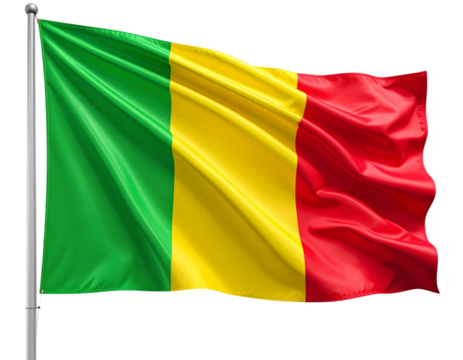  Curved Mali Flag Floating Freely Without Pole, Elegant Fabric Flow, isolated