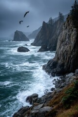 Dramatic coastal cliffs with waves crashing and seabirds flying in the mist