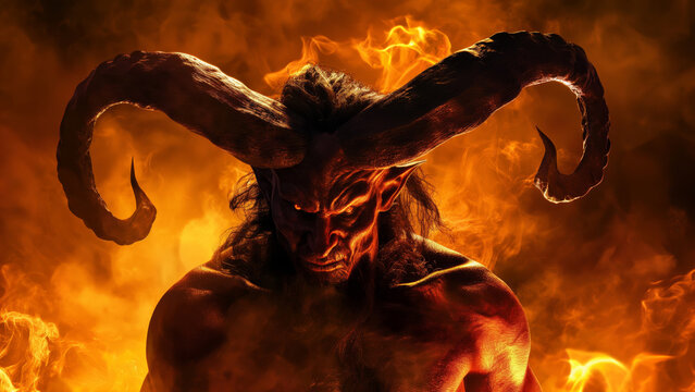 Imposing devil with large horns and glowing eyes in a fiery hell landscape. Powerful demon lord or satanic figure concept.
