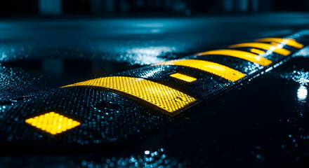 A close-up shot of a yellow and black speed bump on a wet road at night showcasing safety measures