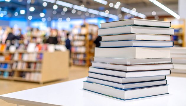 Books stacked on a table in a bookstore.  Blurred background