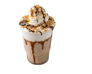 Close up of toasted marshmallow s’mores milkshake with chocolate drizzle and graham cracker topping
