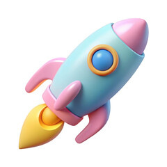 Cute 3d cartoon rocket ship with pink and blue colors isolated on transparent background