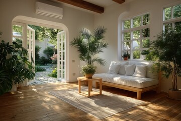 Minimalist living room with open doors to a lush garden