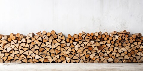 Neatly Stacked Firewood Against a White Wall, a Rustic Winter Scene Ready for Cozy Evenings