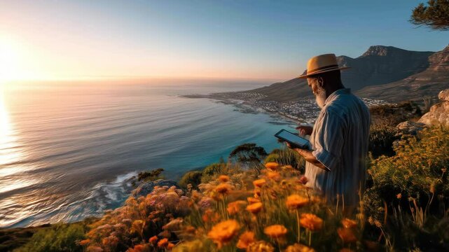 Senior man with tablet enjoying scenic ocean view at sunset