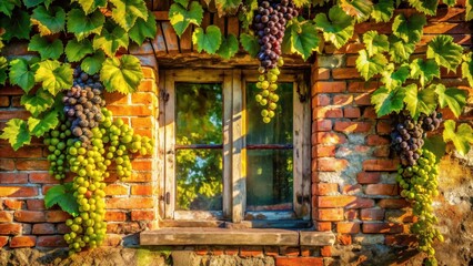 Rustic brick wall with weathered window framed by lush grapevines bearing clusters of ripe green and purple grapes