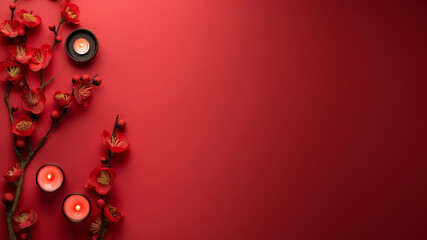 Red plum blossom branches and lit candles create a festive display on a vibrant red background. Holiday decoration layout for Lunar New Year.