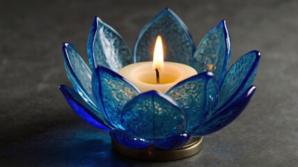 Illuminated Blue Glass Lotus Candle