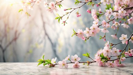 Delicate Spring Blossoms Resting on a Smooth Surface Against a Soft-Focus Background of Blooming Branches