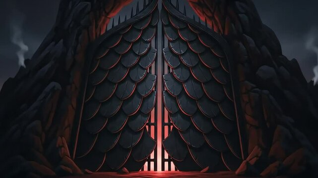 Dark fantasy gate in rocky cave, smoke background, game asset