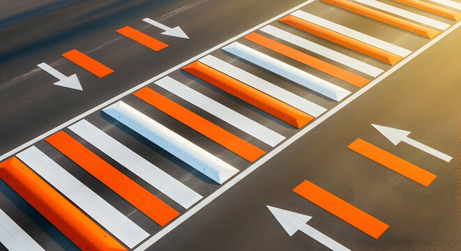 Aerial view of crosswalk with orange and white stripes and directional arrows safety measures for pedestrians and vehicles - Powered by Adobe