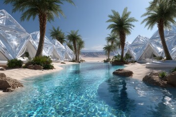 Fototapeta premium Reflective geometric structures among palm trees by a tranquil pool in a desert landscape