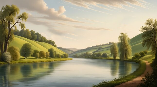 A serene wide river, its gentle current flowing softly through a lush valley, flanked by rolling hills of vibrant emerald green, with an assortment of trees, including willows and poplars.
