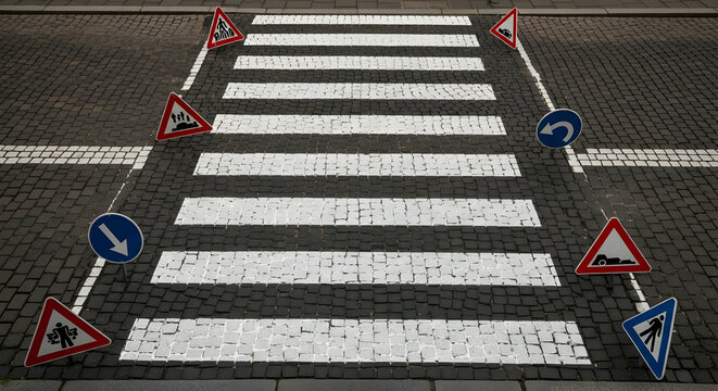 Artistic Street Photography Of Pedestrian Crossing With Various Safety Traffic Signs - Powered by Adobe