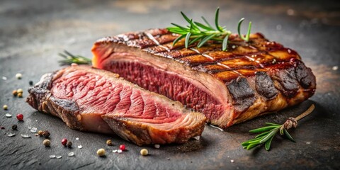 A succulent, grilled steak, sliced and seasoned, rests on a dark stone surface, adorned with fresh rosemary sprigs and a scattering of colorful peppercorns and salt crystals.