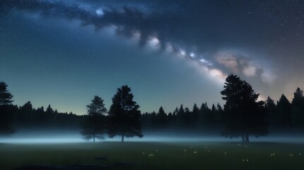 Naklejka premium Starry night sky above a remote forest, trees silhouetted against the Milky Way, light mist hanging low over the forest floor, and faint glow from distant fireflies.