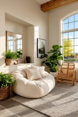 Bright minimalist interior featuring cozy furniture and abundant green plants