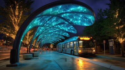 Fototapeta premium Night scene of a bus arriving at a modern, illuminated bus stop.
