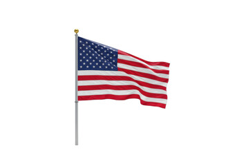 Fototapeta premium An American flag with richly textured fabric, vibrant red and white stripes, and a detailed blue field of white stars, flowing gracefully on a transparent studio background with bright, even lighting,
