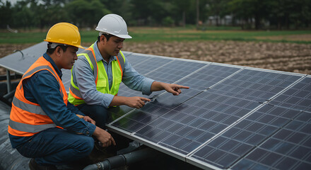One professional technician worker sit and point to left side during work with solar cell panel