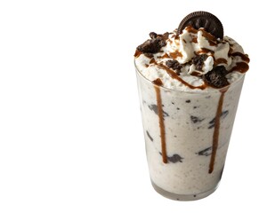 Close up image of cookies and cream brownie milkshake with creamy texture and dessert topping