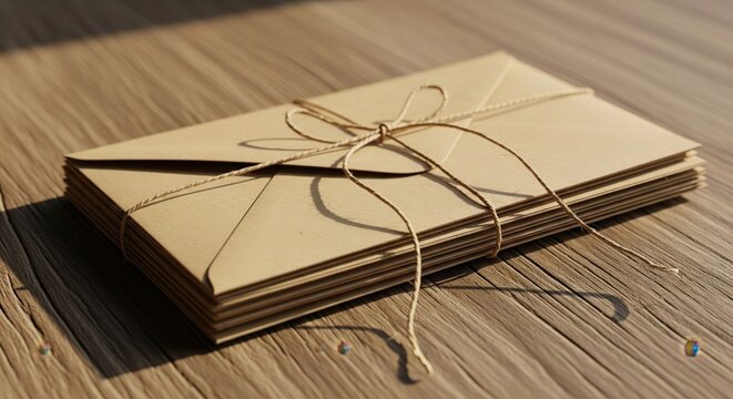 Envelopes Stacked And Tied On Wooden Background