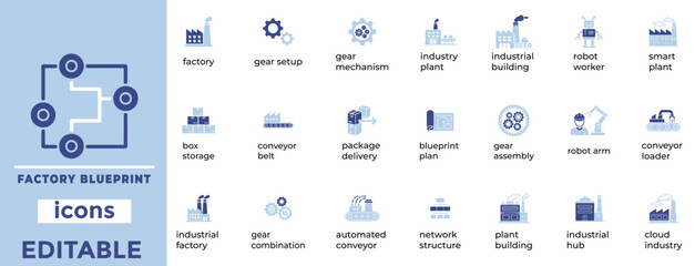 Editable factory blueprint icons perfect for industrial design, engineering plans, and smart manufacturing visuals.