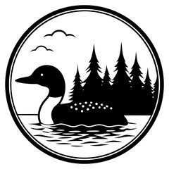 Loon swimming in lake with pine trees and birds silhouette isolated on white background