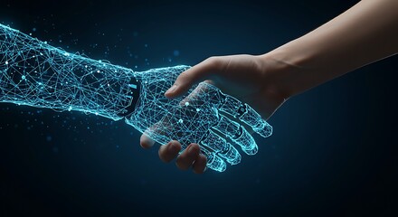 Human hand shaking hands with a digital robot hand on dark blue background