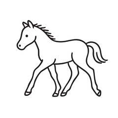 Simple Line Drawing of a Horse Trotting with a Flowing Mane and Tail on White Background