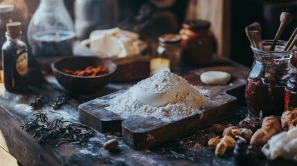 Rustic kitchen scene with spices herbs and flour on wooden countertop in warm lighting