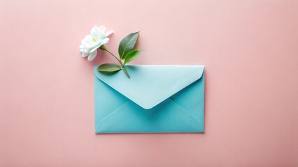 A delicate pale blue envelope rests on a soft pink background, adorned with a single white blossom and vibrant green leaves, suggesting a message of affection and springtime cheer