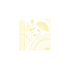 Gold art deco panel and border with ornament on white background