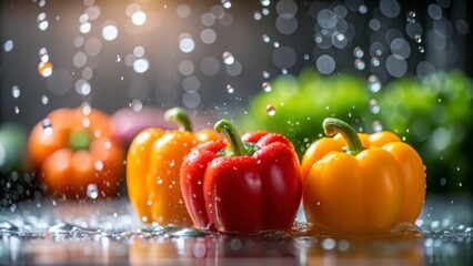 Fresh Red and Yellow Bell Peppers with Water Droplets in a Vibrant Kitchen Setting