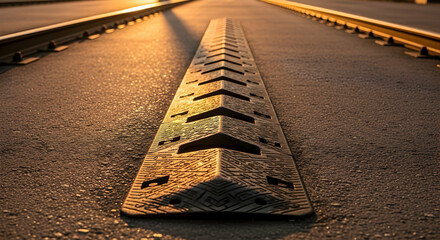 Fototapeta premium A Detailed View of a Railroad Expansion Joint at Sunset highlighting Infrastructure