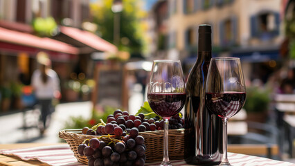 Bottle of red wine and two glasses with grapes in a basket on a table at an outdoor cafe. Relaxation drink concept.