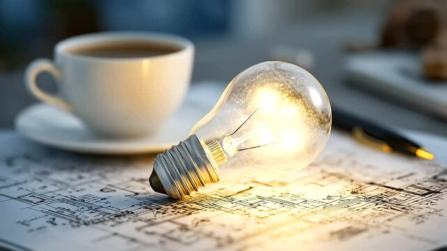 A glowing light bulb with a soft halo effect positioned on a blueprint filled with intricate sketches, circuit diagrams, and flowcharts, surrounded by design tools and coffee cup,